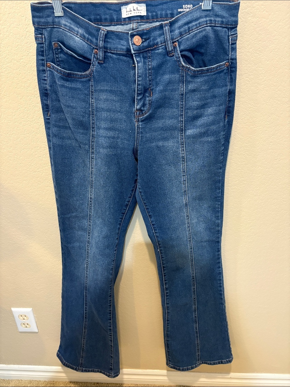 Nicole Miller “Soho” High Rise Blue Flare Jeans with Front Seams